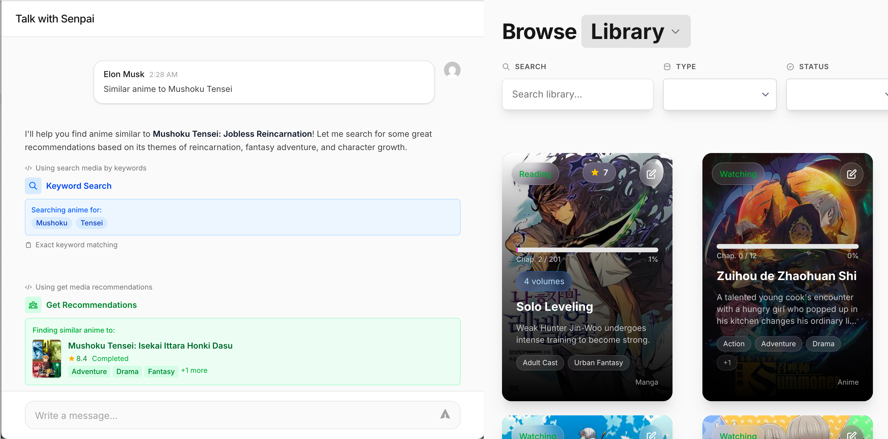 BingeSenpai Interface showing Senpai chat and anime library